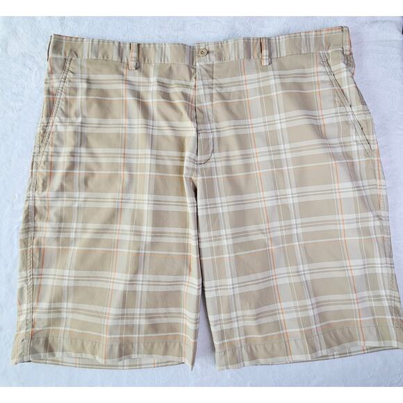 Nike Golf Shorts Dry Fit Size 42Tan White Plaid Flat Front Performance - Picture 1 of 14